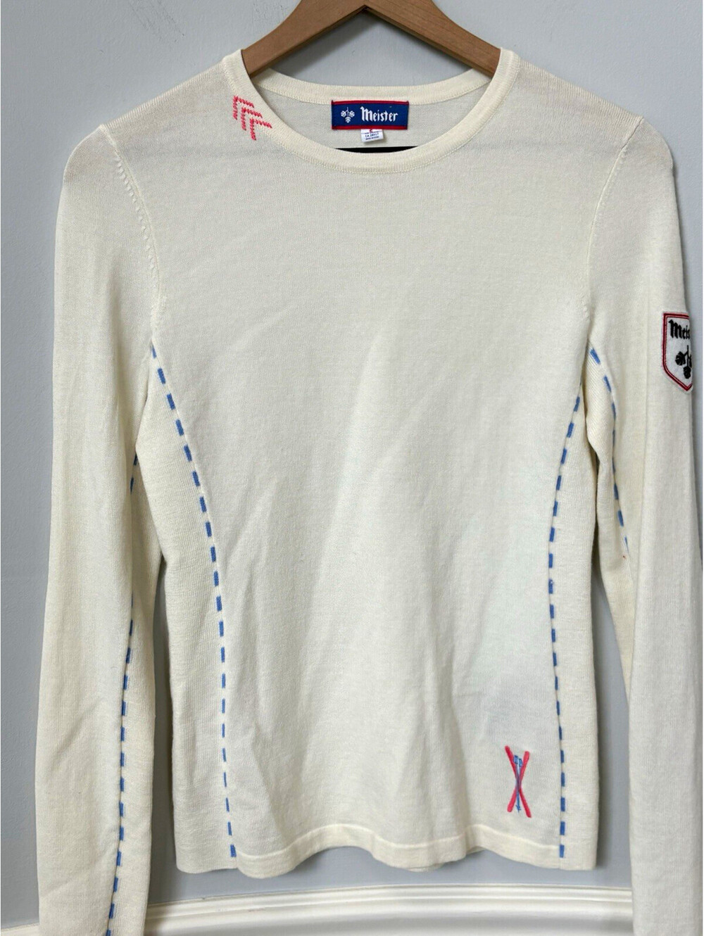 Meister Women White Knit Crewneck Pullover Sweater Wool Blend Embroidered Logo S